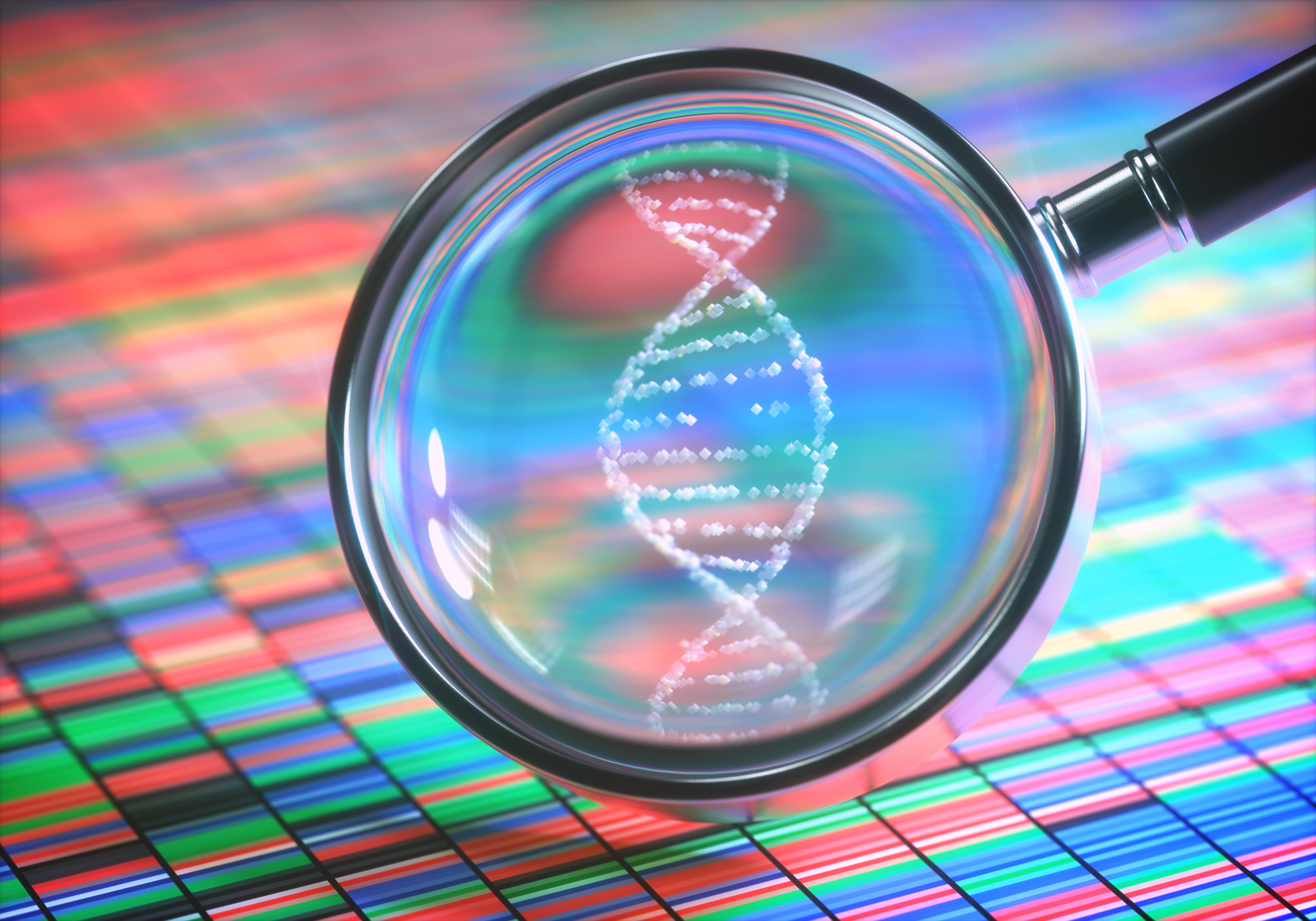 A magnifying glass reveals a DNA helix above a multicolor background
