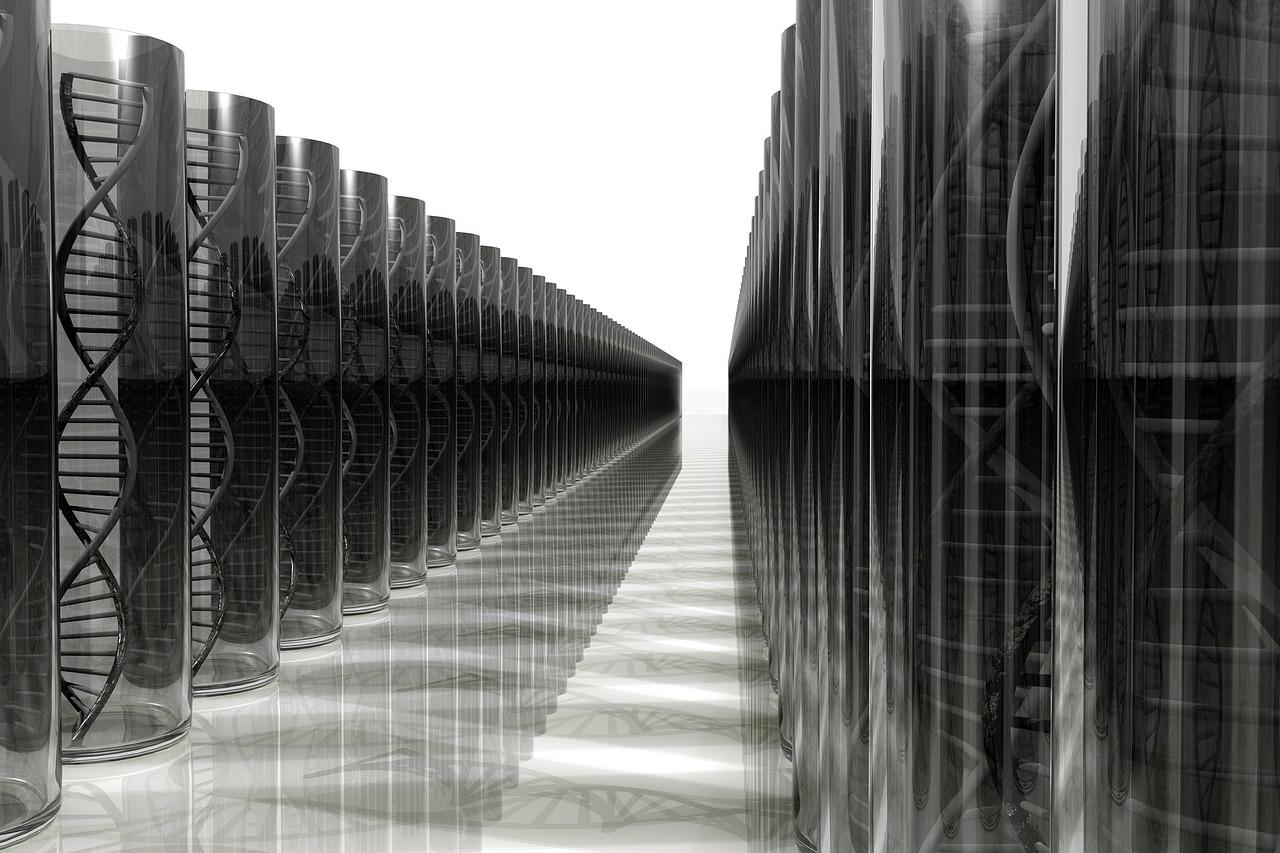 Black and white graphic displaying view down a long row of identical, clear cylinders each containing a double helix.