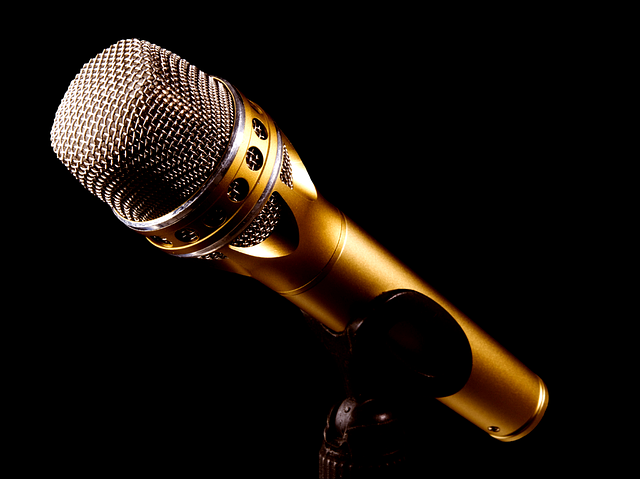 A microphone rests on a stand and is spotlighted, against a solid black background.