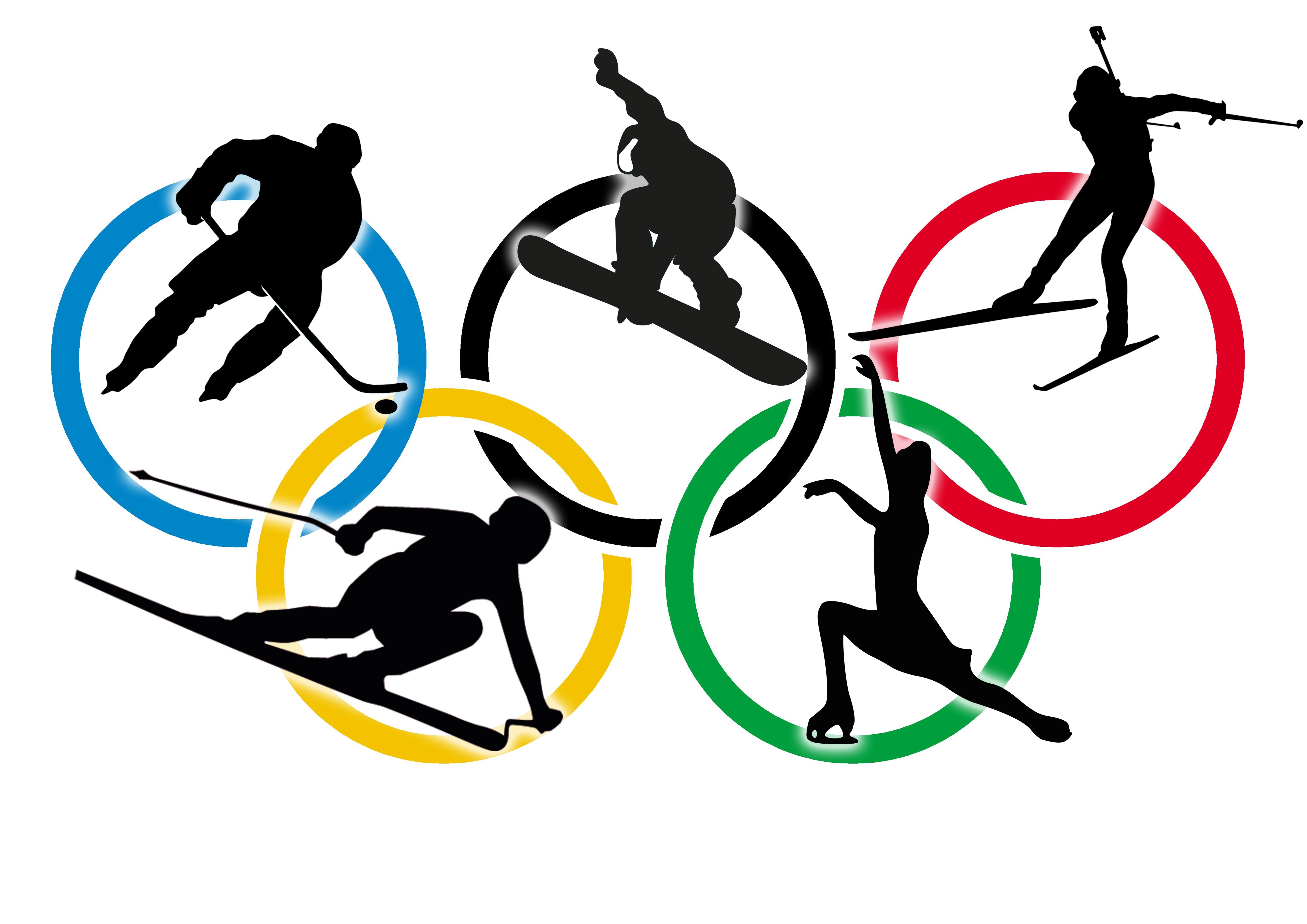 Graphic of 5 Olympic rings, with shadow figures of athletes in each: hockey, snowboarding, ski jumping, downhill skiing, and figure skating