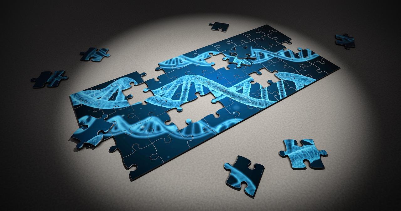 A puzzle of DNA is spotlighted, with a few puzzle pieces still missing.