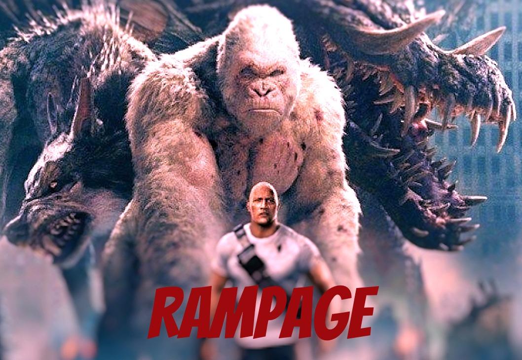 Promotional image for the film "Rampage" featuring a monstrously large wolf, gorilla, and lizard, and a human action hero.