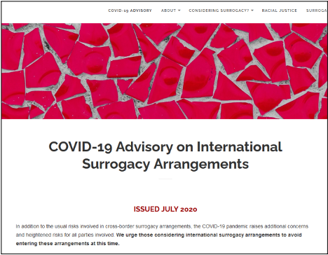 Screenshot of the Surrogacy360 website "COVID-19 Advisory on Int'l Surrogacy Arrangements"