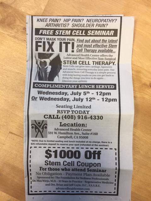 photo of newspaper ad for stem cell clinic, with "Fix It!" headline