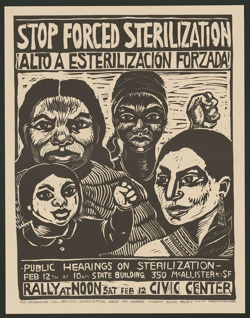 An old poster depicting a group of women with the caption "stop forced sterilization" 