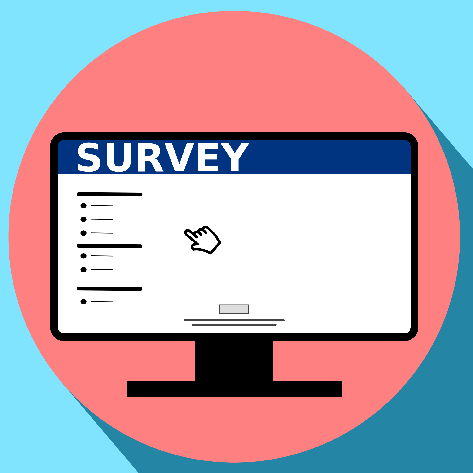 Graphic of survey on computer screen within a solid pink circle within a solid light blue square