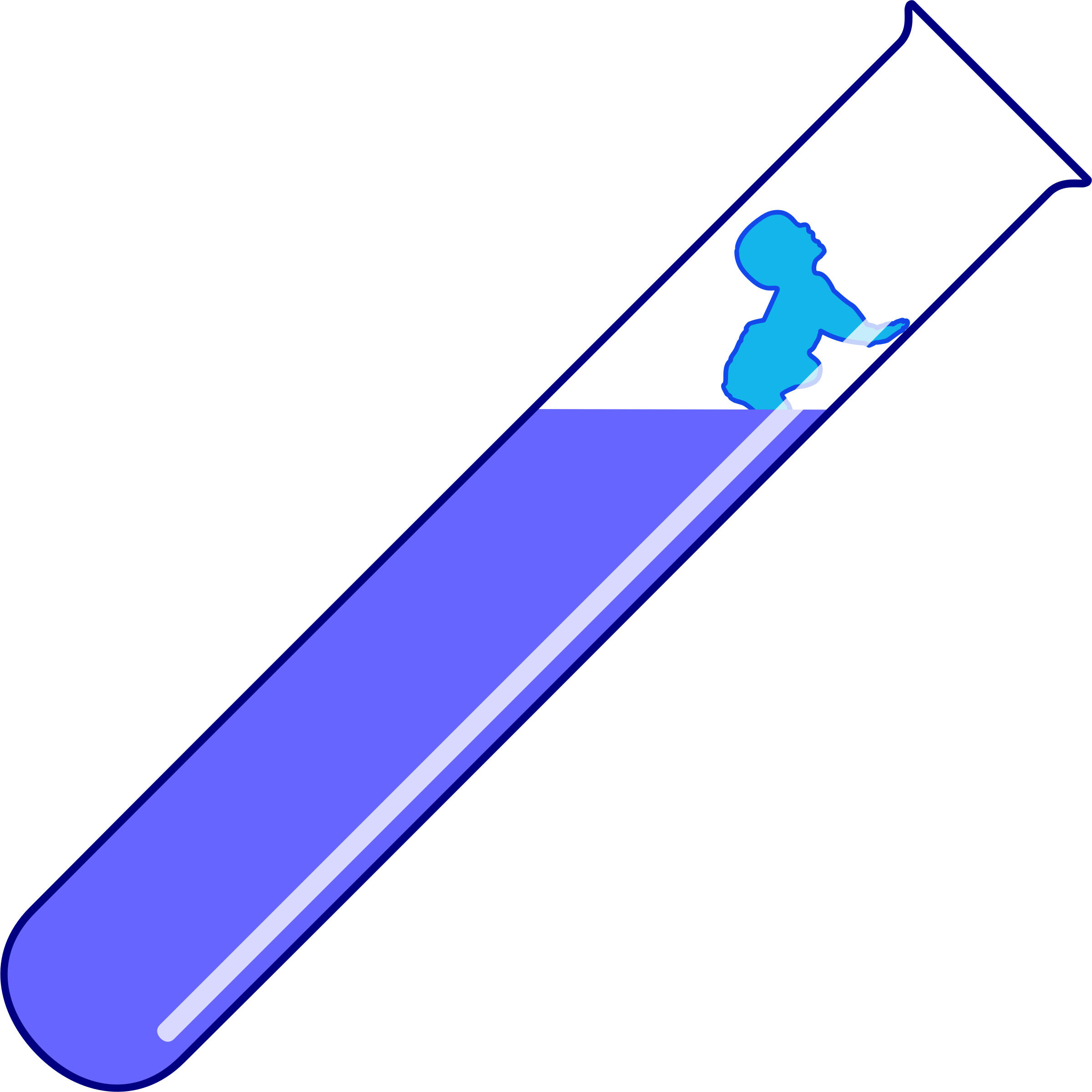 drawing of a test tube, tilted diagonally, with a blue baby crawling out of a purple liquid