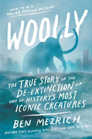 The cover of the book "Woolly" featuring the outline of a blue woolly mammoth walking on hills with a city skyline behind it.
