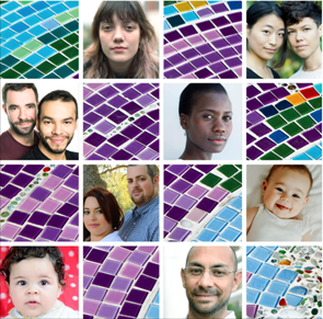 Mosaic pattern featuring diverse faces.