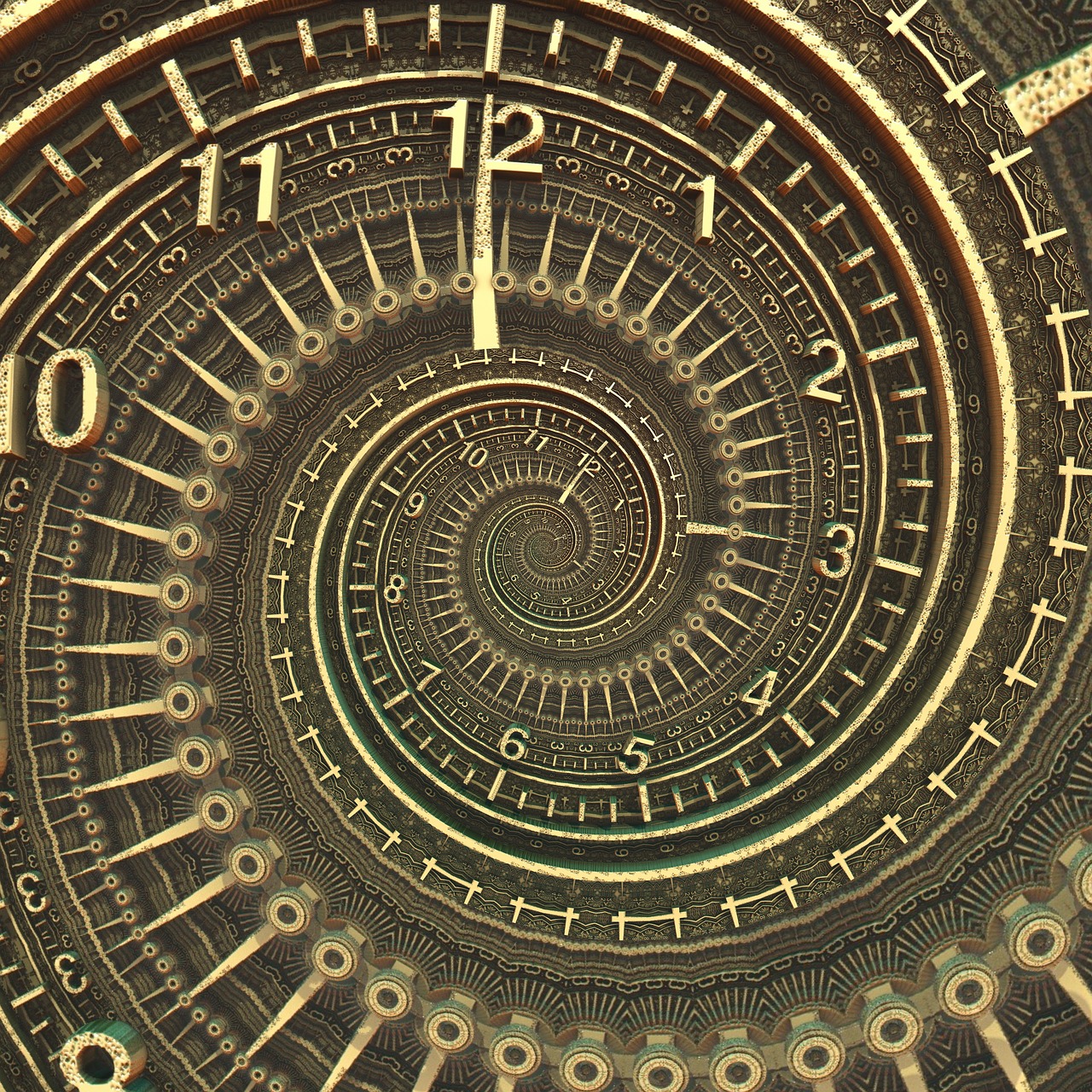 Against a black background, golden numbers and tick marks suggesting a clock, spiral into the center.