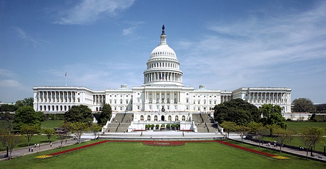 West front of the United States Capitol, with the Senate chamber on the left, and the House on the right.