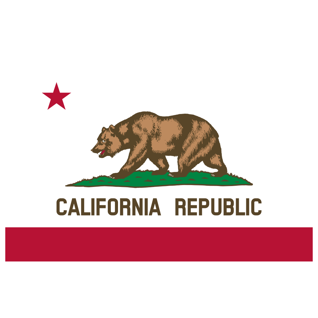 the california flag which shows a bear facing left on a patch of grass in a white background. The words CALIFORNIA REPUBLIC are underneath it in yellow and below that is a horizontal red stripe